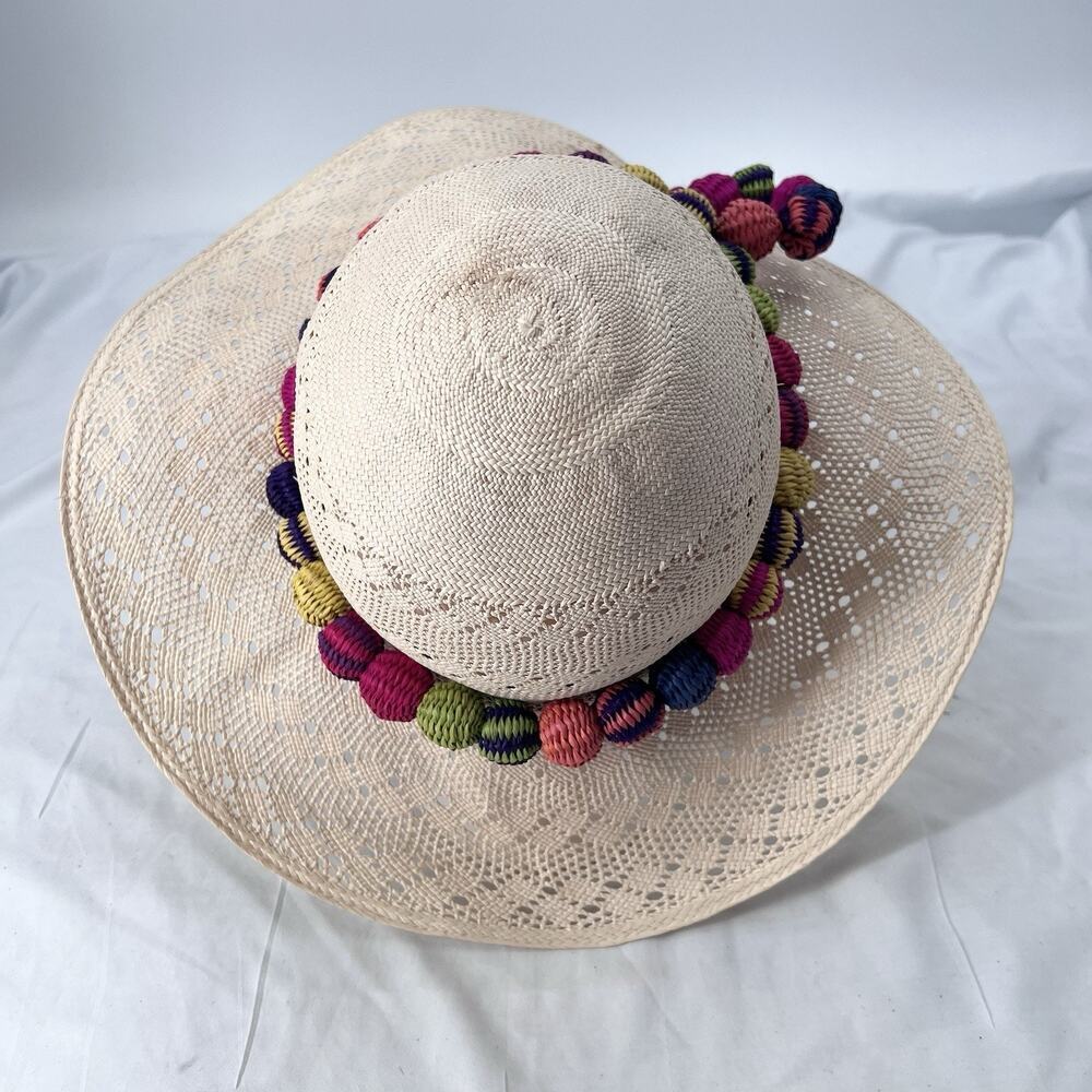 Montecristi Hats Ecuador Straw Floppy Wide Brim Sun Hat Colorful Details - Picture 6 of 10